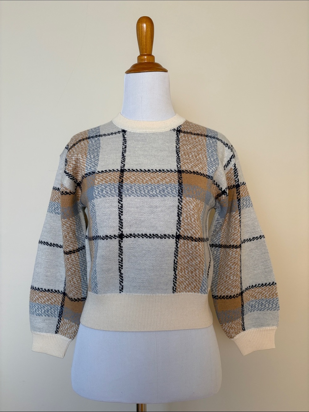 New Joie Cropped Plaid Crewneck Sweater in Cream, Tan & Gray